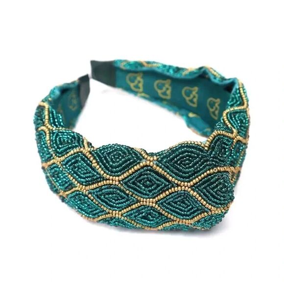 Schwab Beaded Headband - Handmade Embellished Headband - TEAL GREEN - Picture 2 of 2